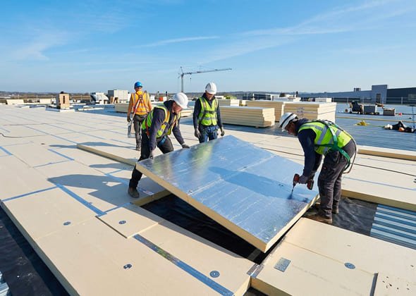 Travailleurs installant des panneaux isolants