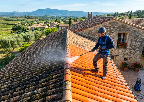 Homme nettoyant un toit en tuiles