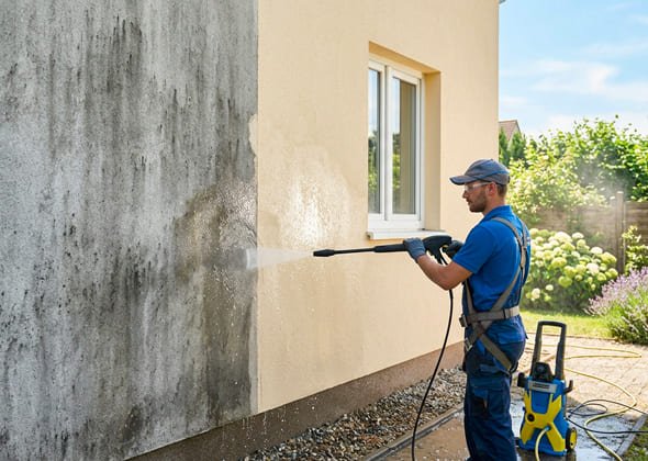Homme nettoyant un mur extérieur.
