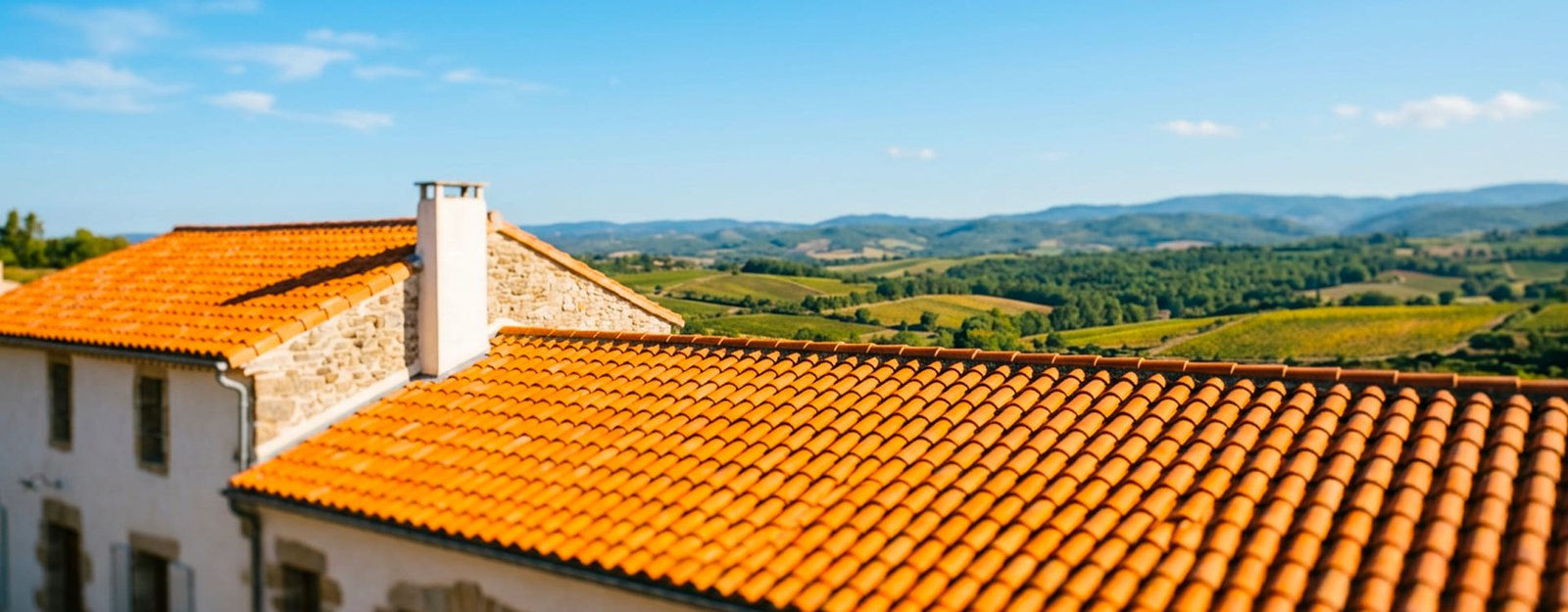 Toit en tuiles avec paysage verdoyant près de Limoux