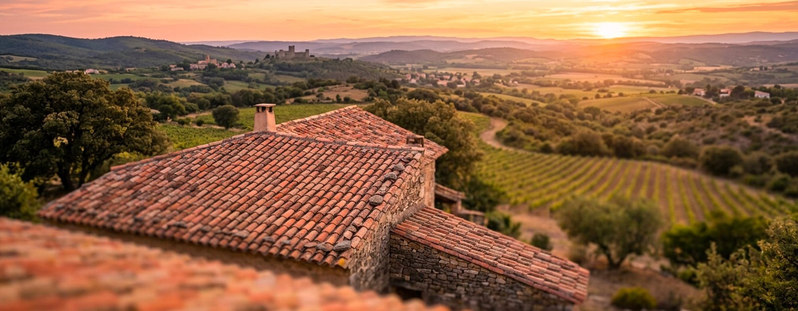 Coucher de soleil sur paysage rural à proximité de Limoux