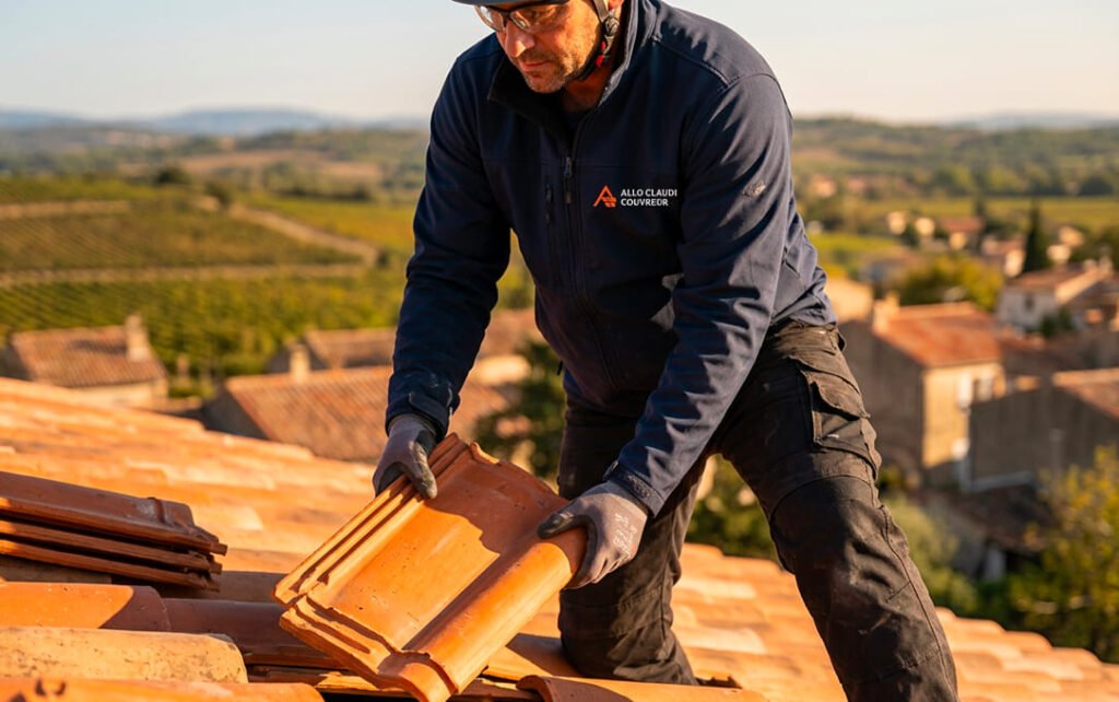 artisan couvreur posant des tuiles sur toit.