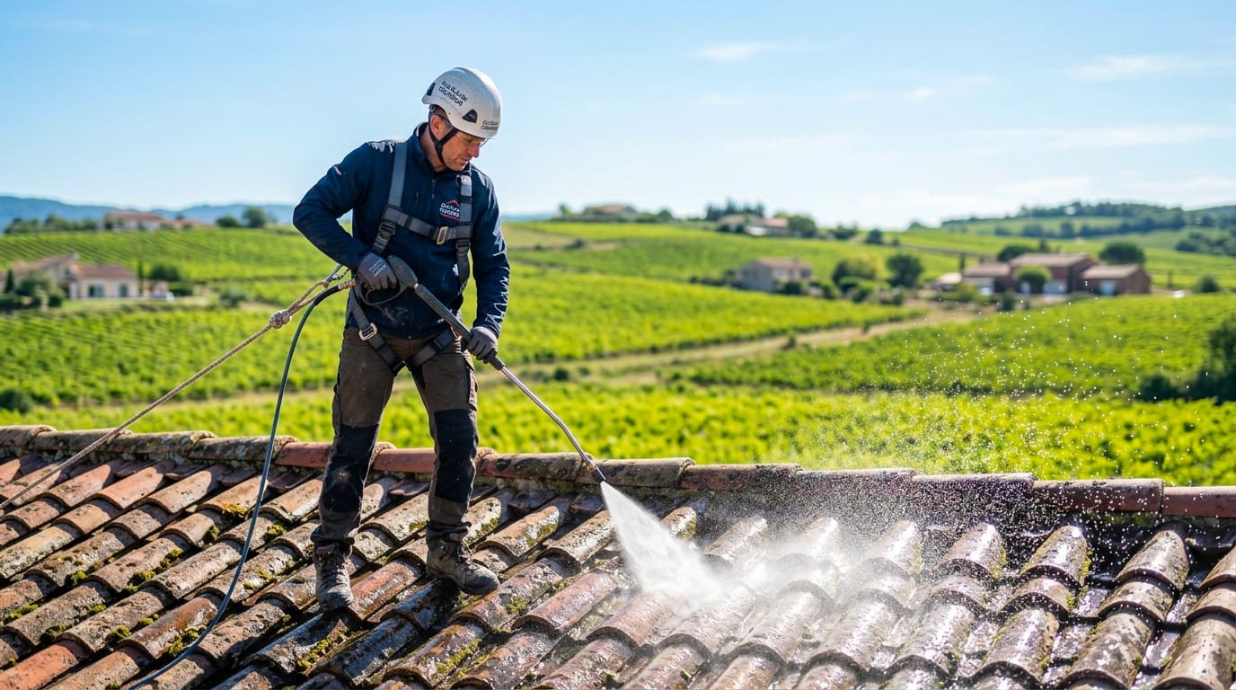 artisan couvrant nettoyant un toit en tuiles à Limoux
