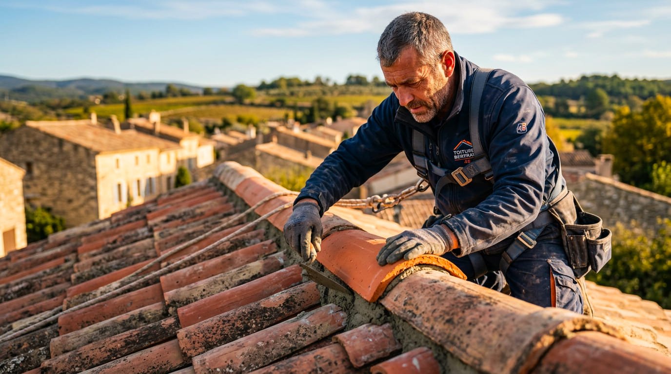 couvreur réparant un toit en tuiles pour la rénovation de toiture à Limoux