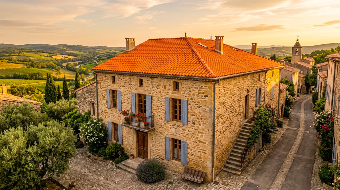 Maison en pierre avec toit rouge à Limoux